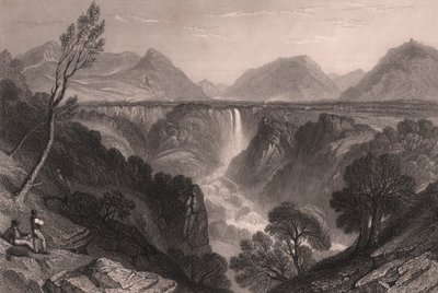 Widok wodospadu Marmore (Cascata delle Marmore) w pobliżu Terni, Umbria, Włochy, staloryt Jamesa Tibbittsa Willmore