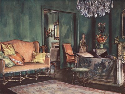 Dekoracja wnętrz: Salon z zielonymi ścianami (litografia barwna) autorstwa William Bruce Ellis Ranken