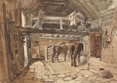 Wnętrze stajni z karmieniem koni holowniczych autorstwa William Burgess
