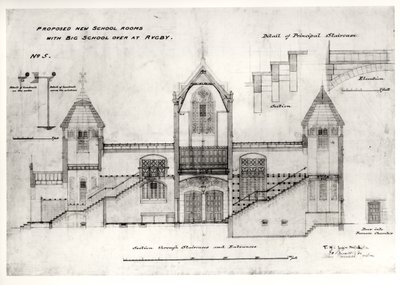 Szczegóły wejść, schodów, drzwi komory pieca i poręczy (New Big School), Rugby School, 1844 (czarny tusz, ołówek i toaleta) autorstwa William Butterfield