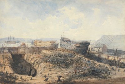 Stocznia Plymouth po pożarze autorstwa William Callow