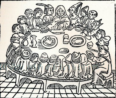 Canterbury Pilgrims siadają do wspólnego posiłku, 1485 autorstwa William Caxton