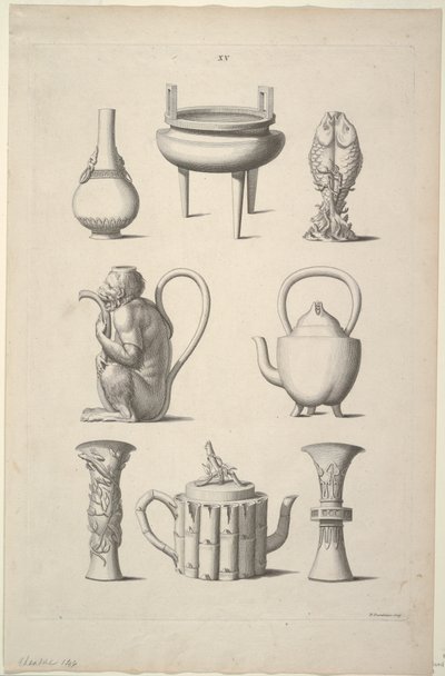 Wzory Zastawy Stołowej, Tablica XV Projektów Chińskich Budynków, Mebli, Sukien, Maszyn i Przyborów. autorstwa William Chambers