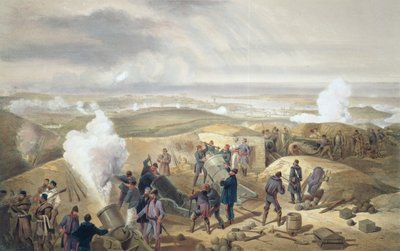 Gorący dzień na bateriach, płyta z filmu „Siedziba wojny na wschodzie”, wyd. autor: Paul und Dominic Colnaghi und Co., 1856 autorstwa William Crimea Simpson