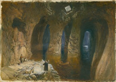 Bahr el Khabeer lub Wielkie Morze - cysterna wykuta w skale pod miejscem, gdzie znajdowała się Świątynia Salomona, 1870 (wc i ołówek na papierze) autorstwa William Crimea Simpson