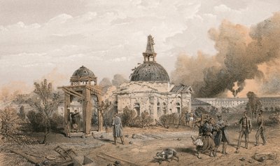Kościół na tyłach Redanu, patrzący na północ, ukazujący skutki strzału i pocisku autorstwa William Crimea Simpson