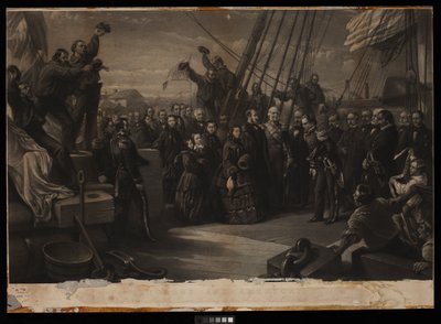 Anglia i Ameryka. Wizyta Jej Królewskiej Mości Królowej Wiktorii na arktycznym statku Resolute, 16 grudnia 1856, ok. 1859 (rycina, sztych, tablica) autorstwa William 