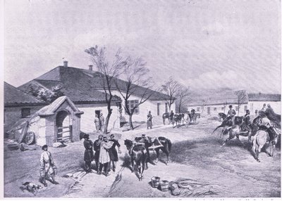 Siedziba Lorda Raglansa w Khutor-Karagatch, ilustracja z brytyjskich bitew na lądzie i morzu, 1915 autorstwa William Crimea Simpson