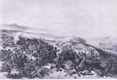 Drugi atak Gwardii, gdy odbili dwie baterie dział w bitwie pod Inkerman, ilustracja z brytyjskich bitew lądowych i morskich, 1915 autorstwa William Crimea Simpson