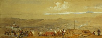 Krym: Panoramiczny widok Sewastopola ukazujący obozy wojskowe i port; i panoramiczny widok Inkermana pokazującego obóz wojskowy i kawalerię o świcie, autorstwa William Crimea Simpson