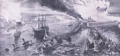 Upadek Sewastopola i wycofanie się Rosjan, 8 września 1855, ilustracja z brytyjskich bitew lądowych i morskich, 1915 autorstwa William Crimea Simpson