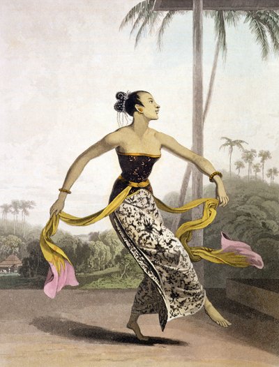 Ronggeng lub Tańcząca dziewczyna, tablica 21 z tomu I "Historii Jawy" Thomasa Stamforda Rafflesa (1781-1826), wyd. 1817 (akwatinta) autorstwa William Daniell