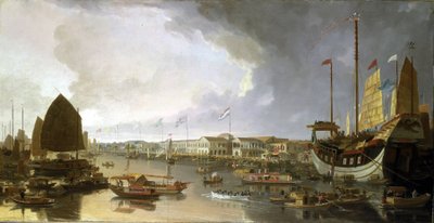 Przegląd europejskich fabryk w Kantonie (Chiny), z opisami żeglugi po rzece Guangdong (lub Rzece Perłowej) i szerokiej gamy łodzi. autorstwa William Daniell