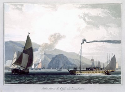 „Łódź parowa na Clyde niedaleko Dumbarton”, Szkocja, 1829 r. autorstwa William Daniell