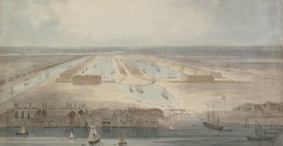 Nowe doki, Isle of Dogs (ołówek, tusz i tusz na papierze) autorstwa William Daniell