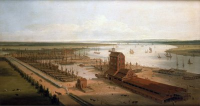 Stocznie Perry (wówczas Green) w dokach Brunswick Docks i Blackwall Building, fabryka masztów, wzdłuż Tamizy (Anglia) autorstwa William Daniell