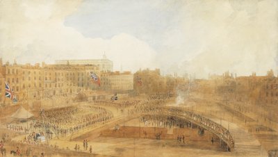 Książę Walii kładzie kamień węgielny pod Theatre Royal, Covent Garden, 31 grudnia 1808 r. (ołówek, długopis, brązowy tusz i akwarela podkreślone akcentami koloru ciała i wydrapaniami) autorstwa William Daniell