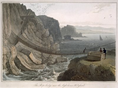 Most linowy w pobliżu latarni morskiej, Holyhead, z „Podróży po Wielkiej Brytanii podjęta między latami 1814 i 1825” opublikowanej w 1829 r. autorstwa William Daniell