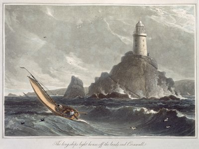 Latarnia Longships w Lands End, Kornwalia, z I tomu "Podróży dookoła Wielkiej Brytanii odbytej w latach 1814-1825", wydanej w 1814 r. (akwatinta) autorstwa William Daniell