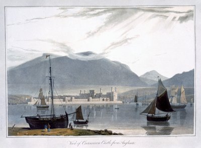 „Widok zamku Caernarvon z Anglesea”, Walia, 1814 r. autorstwa William Daniell