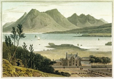 Widok na zachód z wyspy Raasay (Szkocja), z opisem dużego budynku i przylegających do niego ogrodów. Akwaforta w kolorach autorstwa Williama Daniella (1769-1837) autorstwa William Daniell