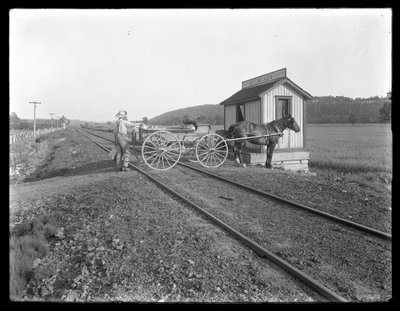 Niezidentyfikowany mężczyzna ładujący mleko na wóz konny zaparkowany nad torami kolejowymi przed farmą McCready, Pensylwania, ok. 1913 autorstwa William Davis Hassler