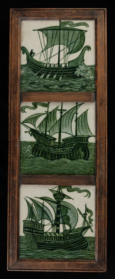 Kafelkowy panel statków pod pełnymi żaglami, w ramie, ok. 1865-80 (ceramika) autorstwa William de Morgan