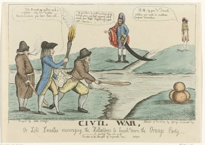 Angielska karykatura holenderskiej wojny domowej, 1787 Wojna domowa, czyli Lord Lunatic zachęcający Holendrów do powalenia Partii Pomarańczowej (tytuł na obiekcie) autorstwa William Dent
