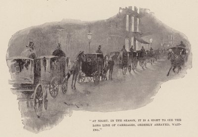 "W nocy, w sezonie, widok długiej linii powozów, uporządkowanych, czekających" (rycina). autorstwa William Douglas Almond