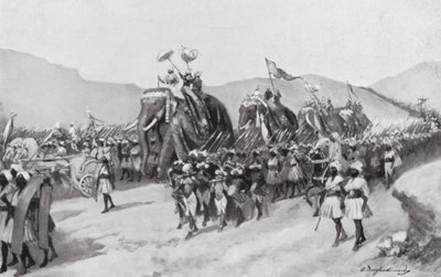 Vikramaditya Gupta wyrusza na wojnę, AD 395 (litografia) autorstwa William Douglas Almond