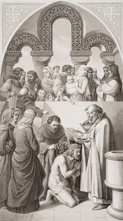 Chrzest króla Ethelberta (ok. 552-616) z Kentu przez św. Augustyna w Canterbury w 597, z „Illustrations of English and Scottish History” Tom I autorstwa William Dyce