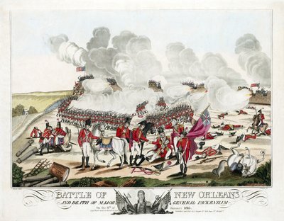 Bitwa o Nowy Orlean i śmierć generała majora Packenhama 8 stycznia 1815, wyd. 1815 (kolorowy grawerunek) autorstwa William Edward (after) West