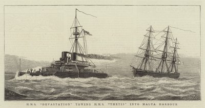 HMS Devastation holuje HMS Thetis do portu na Malcie autorstwa William Edward Atkins