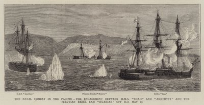 Walka morska na Pacyfiku, starcie pomiędzy HMS Shah i Amethyst a peruwiańskim rebeliantem Ram Huascar u wybrzeży Ilo, 29 maja autorstwa William Edward Atkins
