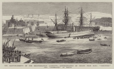 Wzmocnienia garnizonów śródziemnomorskich, wyokrętowanie wojsk z HMS Krokodyl i Eufrat na Malcie autorstwa William Edward Atkins