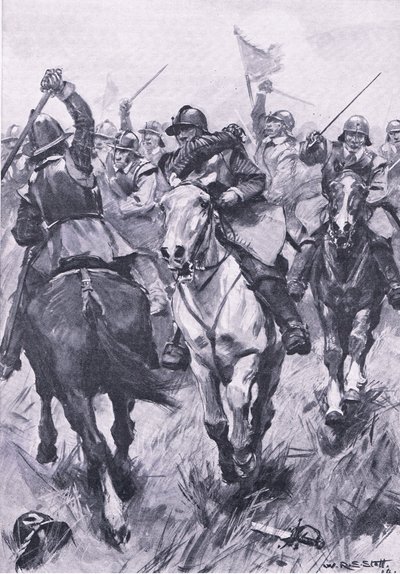 Konflikt kawalerii pod Dunbarem 3 września 1650 r., ilustracja z brytyjskich bitew lądowych i morskich, 1915 r. autorstwa William Edward Stott