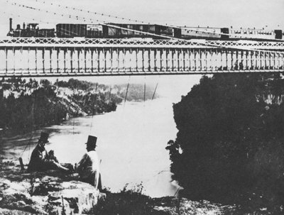 Pierwszy most kolejowy nad Niagarą (zdjęcie czarno-białe) autorstwa William England