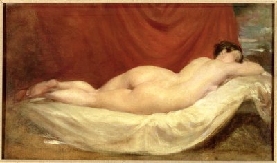 Akt leżący na kanapie na tle czerwonej zasłony autorstwa William Etty