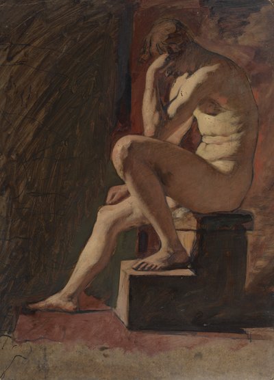 Siedzący mężczyzna nago, głowa opiera się o rękę, lewa stopa spoczywa na bloku autorstwa William Etty