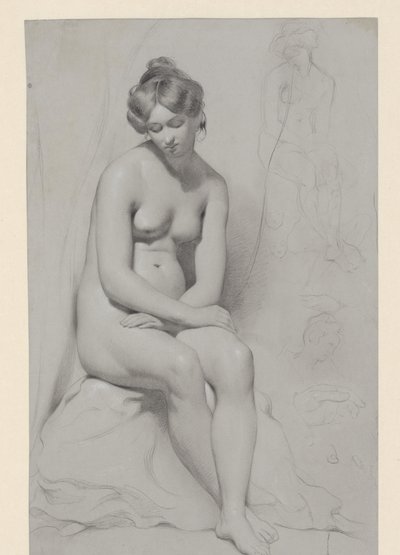 Siedząca naga modelka z wysoką fryzurą, ponownie naszkicowana obok niej autorstwa William Etty