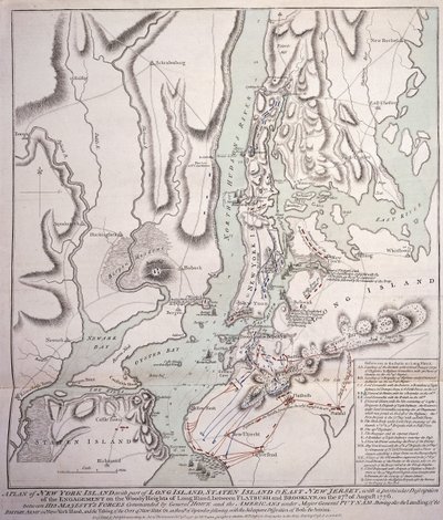 Plan wyspy Nowy Jork z częścią Long Island, Staten Island i East New Jersey oraz walką na Woody Heights of Long Island między siłami brytyjskimi, pod dowództwem generała Sir Williama Howe
