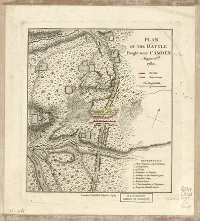 Plan bitwy stoczonej pod Camden 16 sierpnia autorstwa William Faden