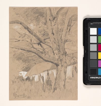 Pejzaż ze sztalugami artysty i parasolką (ołówek wzmocniony bielą na jasnobrązowym papierze tkanym) autorstwa William Forsyth