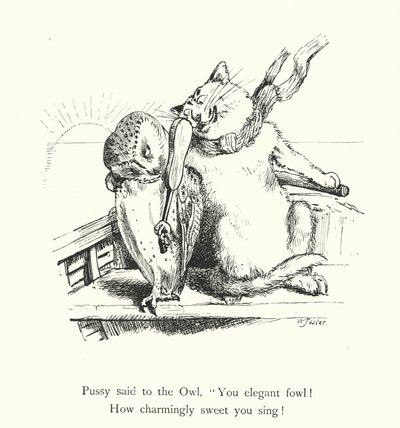 Sowa i kot Pussy (rycina) autorstwa William Foster