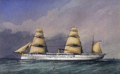 Statek HMS "Jumna" (1866), łódź Królewskiej Marynarki Wojennej o żelaznym kadłubie, służąca do transportu wojsk z i na subkontynent indyjski. Akwarela autorstwa William Frederick Mitchell