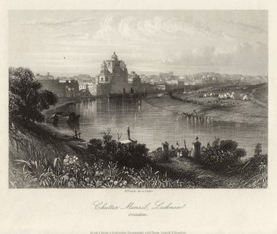 Widok ogólny przez rzekę Gomati, Chuttur Munzil, Lucknow. autorstwa William French