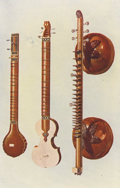 Instrumenty muzyczne: Sitary i Vina (litografia kolorowa) autorstwa William Gibb