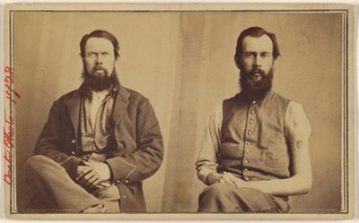 [Dwie niezidentyfikowane ofiary wojny secesyjnej w pozycji siedzącej]. autorstwa William H. Bell