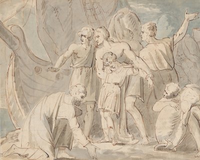 Temat historyczny z mężczyznami i chłopcem przy statku recto..., 1770-80. autorstwa William Hamilton