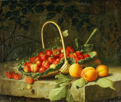 Kosz truskawek z brzoskwiniami na kamiennej półce, 1856 autorstwa William Hammer